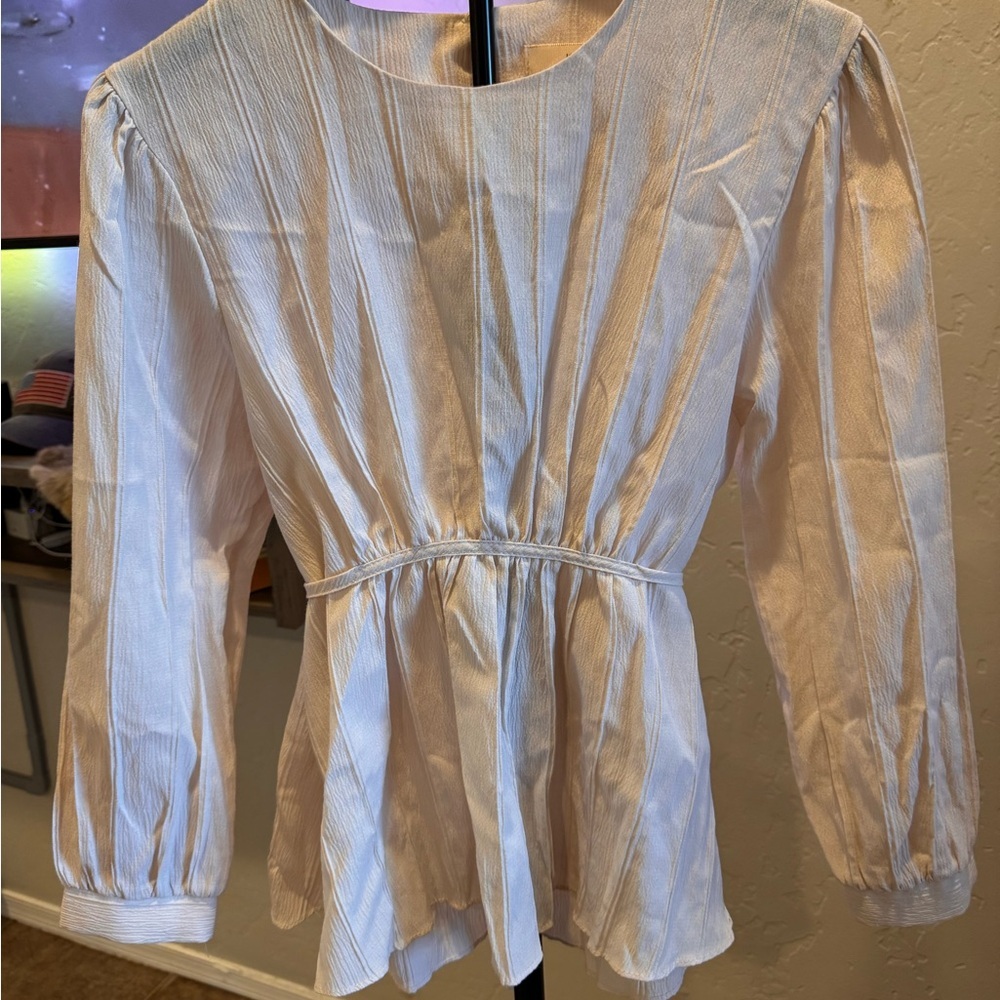 Kerri Made in Korea Ivory Pleated Peplum Blouse with Waist Tie
